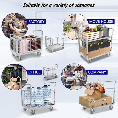 Platform Truck with Cage, 6 in1 Foldable Heavy Duty Steel Flatbed Cart, Large Utility Cart w/Industrail Solid Casters, Load 2000LBS Multi-Purpose Push Dolly for Grocery/Laundry/Stall/Warehouse