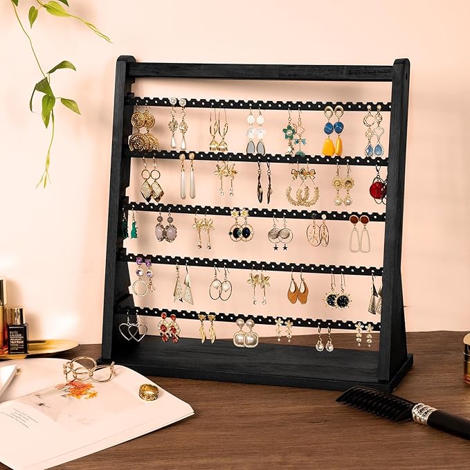 Poyilooo Earring Holder Organizer, Rustic Wood Earring Holder Stand, 5 Layer Jewelry Holder Organizer with 270 Earring Tree Holes Display Rack for Stud Earings & Hoop Earrings, Gifts for Women