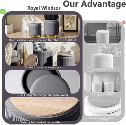Royal Windsor Round Ottoman with Storage Set of 2, Vanity Stool with Storage for Bedroom, Ottoman Coffee Table Gold-Tone Ring Around the Base, Small Velvet Foot Stool for Living Room, Grey