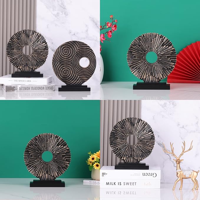 DOVDOV Black and Gold Home Decor Statue, Unique Office Decor, Round Line Medallion Statue for Room Decor, Shelf Top Decor, Entryway Entry Table, Floor Mantle Decor and Home Panel Decorations
