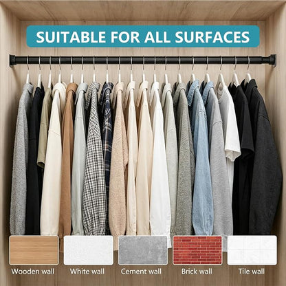 STARLATTA Heavy Duty Black Closet Rod: 17-84 Inch Stepless Adjustable Clothes Hanging Bar, 1.3" Diameter Metal Wardrobe Pole with Brackets, No-Cut, for Laundry & RV