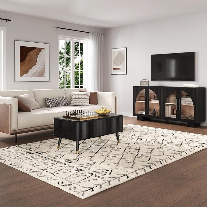 SULIVES Lift Top Coffee Table with Storage,Fluted Coffee Table with Lifting Top,Mid Century Modern Center Table with Solid Wood Legs,Small Coffee Tables for Living Room,Black