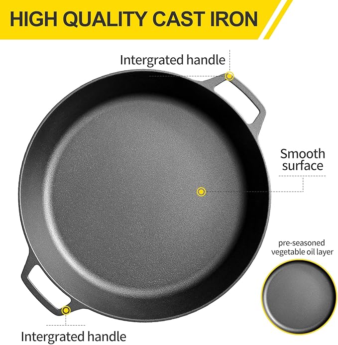 Pre-Seasoned Large Cast Iron Skillet 17 Inch, Dual Handle Outdoor Camping Frying Pan, Pizza Pan, Use for Grill, Stovetop, Induction, Oven Safe Cookware