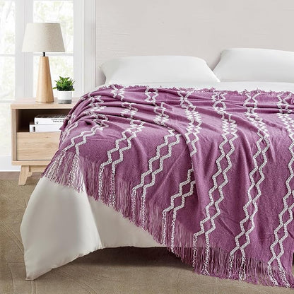 BOURINA Fluffy Chenille Knitted Fringe Throw Blanket Lightweight Soft Cozy for Bed Sofa Chair Throw Blankets Deep Purple 50" x 60"