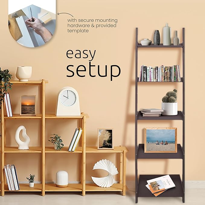 Kiera Grace Providence Hadfield 5 Tier Ladder Shelf, Leaning Bookshelf Storage Rack for Home, Office, 18" x 67", White