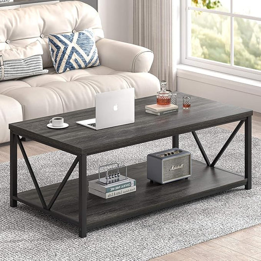 FOLUBAN Coffee Table with Storage, Modern Small Center Tables for Small Spaces, Rustic Wood and Metal Cocktail Table for Living Room, 39.3 Inch Dark Gray