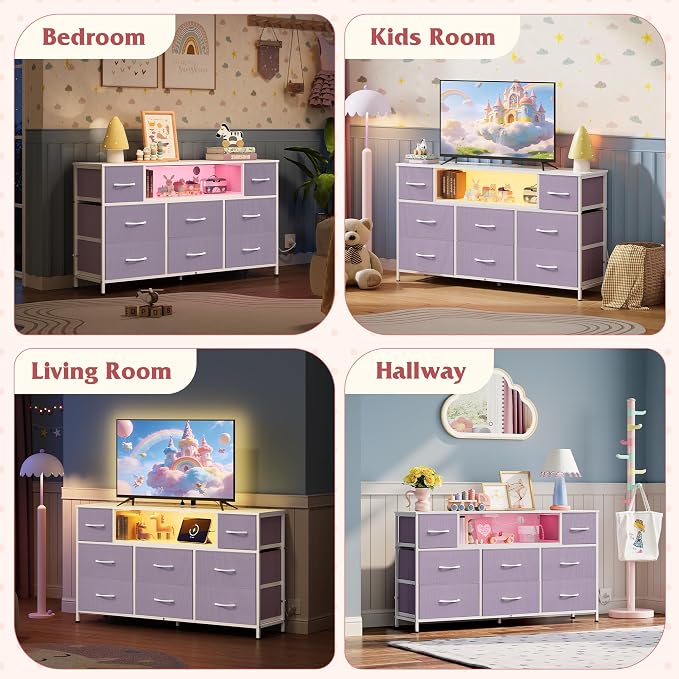WLIVE Purple Dresser TV Stand for 45, 50, 55 inch TV, Entertainment Center with LED Lights & Charging Station, Chest of Drawers with 8 Fabric Drawers and Open Shelves for Living Room, Hallway