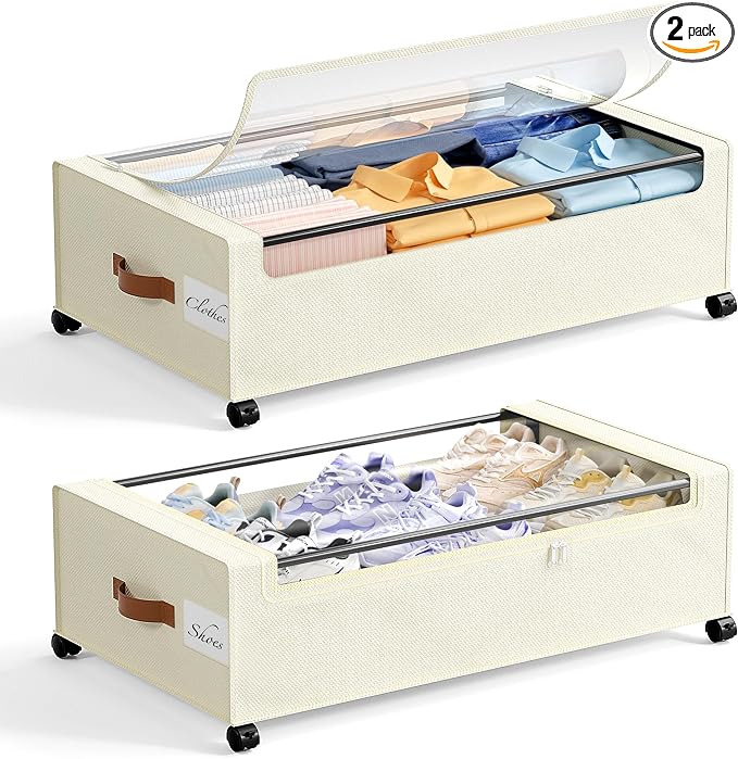 Yecaye 82 L Under Bed Storage with Wheels, 9.4 in Under Bed Storage Containers, Large Under Bed Shoe Storage with Lids, Rolling Underbed Storage bins for Clothes, Blankets, Beige
