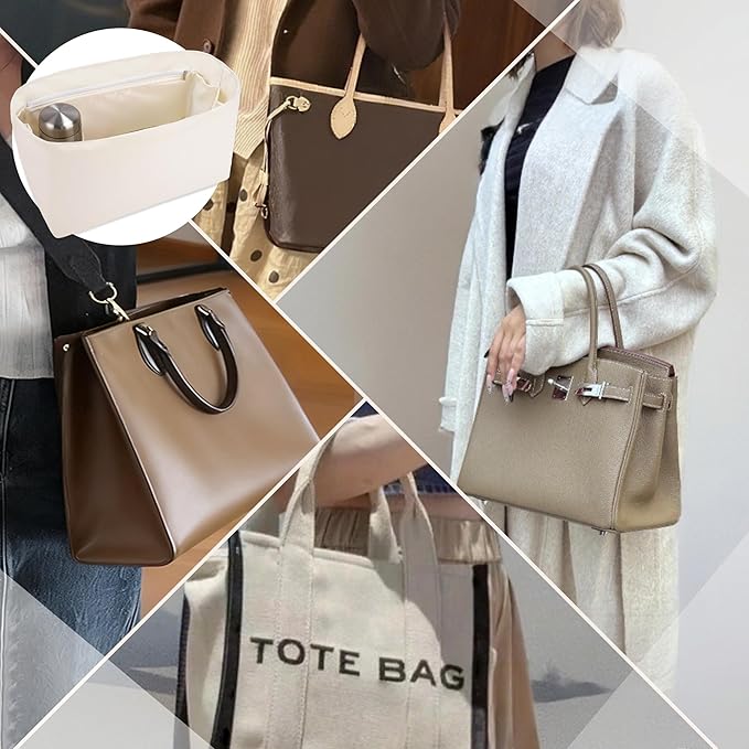 Purse Organizer Insert, Satin Tote Bag Organizer with 8 Sizes, Handbag Dividers for Inside Purse, Compatible with Longchamp, Neverful, 25C Hobo and More Bags（X-Large,Craie）
