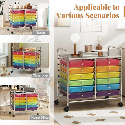 COSTWAY 12-Drawer Rolling Storage Cart, Utility Storage Organizer Cart for Tools, Scrapbook, Paper, Craft, Multipurpose Art Supply Organizer on Wheels for Home Office School, Teacher, Rainbow