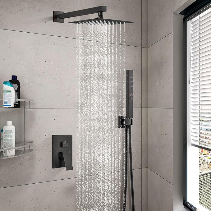 Shower Faucet Set Rainfall Shower System with Square Showerhead and Handle Set Fixture with 2 in 1 Function Handheld Sprayer Wall Mounted Trim Repair Kit Rough-in Valve 8 Inch Oil Rubbed Bronze