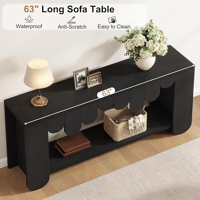 IBF Black Console Table, 63” Long Wood Entryway Table with Storage, 2-Tier Modern Sofa Table Behind Couch for Home Living Room, Rectangular Entry Table for Hallway Entrance Foyer Front Door, Black Oak