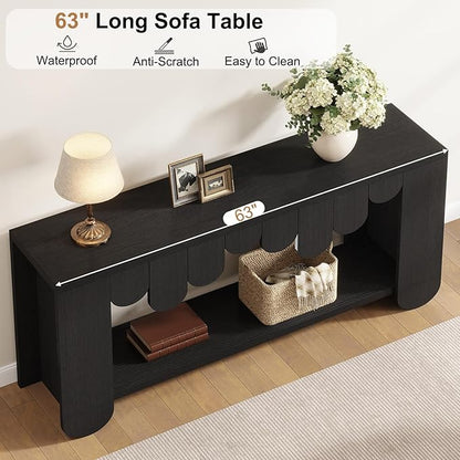 IBF Black Console Table, 63” Long Wood Entryway Table with Storage, 2-Tier Modern Sofa Table Behind Couch for Home Living Room, Rectangular Entry Table for Hallway Entrance Foyer Front Door, Black Oak