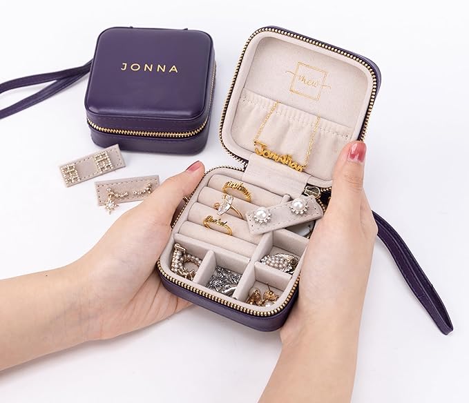 Angelina's Palace Personalized Jewelry Case with Name Engraved,Custom Leather Travel Jewelry Organizer Box for Rings,Earrings,Necklaces,Birthday Bridesmaid Gift For Women