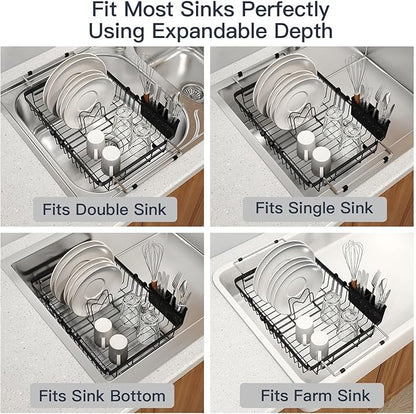 MAJALiS Dish Drying Rack Over The Sink with Utensil Holder, Mat | Expandable Stainless Steel Dish Drainer for Small Kitchen, Apartment, RV, Counter Space Saving, Perfect Fit, Rustproof
