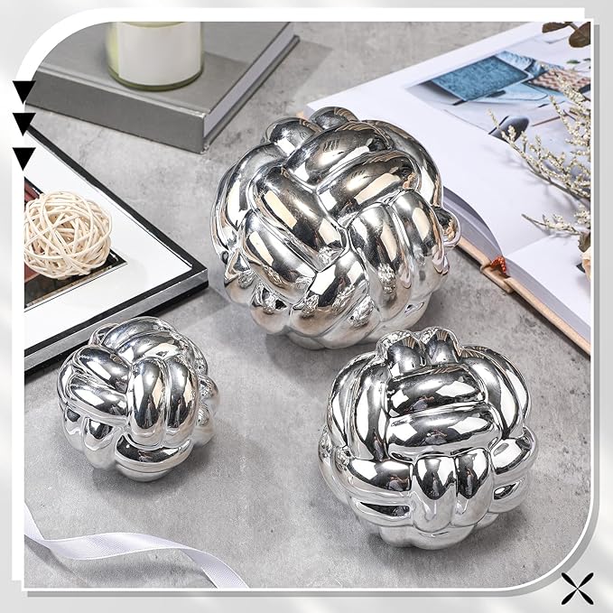 Wenqik 3 Pcs Knot Decor, Link Coffee Table Bookshelf Decor Accents, Ceramic Decorative Objects, Modern Home Minimalist Book Shelf Aesthetic Decoration, 3 Sizes(Silver)