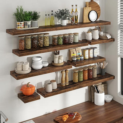 24 Inch Floating Shelves for Wall, 8 Inch Deep Floating Shelf for Storage & Display, Wall Mounted Shelf with Invisible Brackets for Living Room, Kitchen, Bathroom, Home Decor, Set of 2, Rustic Brown