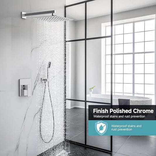 SR SUN RISE Shower Faucet Set & System - 12 Inch Rainfall Shower Head & Handle Set Wall Mounted Polished Chrome Solid Brass Valve Trim Kit Included