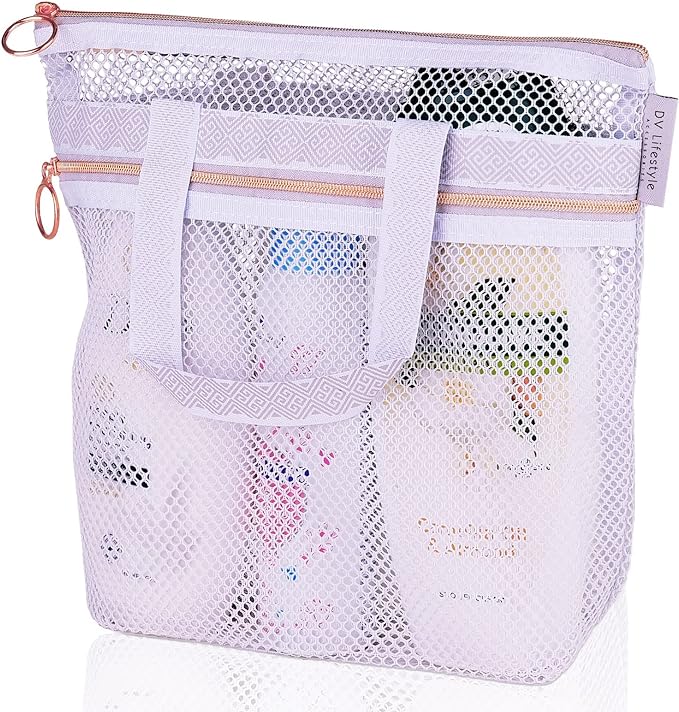 DV Lifestyle Mesh Shower Bag 10.2x9.9'' Quick-Dry Caddy with Zipper & 2 Pockets. Portable Toiletry Tote for Bathroom, Gym, Travel, Camp, Beach, for Sunscreen, Dorm & College Essentials (Light Gray)