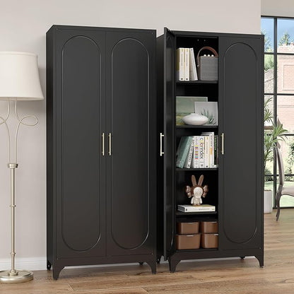 Kitchen Pantry Cabinet,75 Inch Black Metal Storage Cabinet with Door and Adjustable, Tall Pantry Cabinets for Kitchen Storage,Cupboard for Living Room,Dining Room and Bathroom
