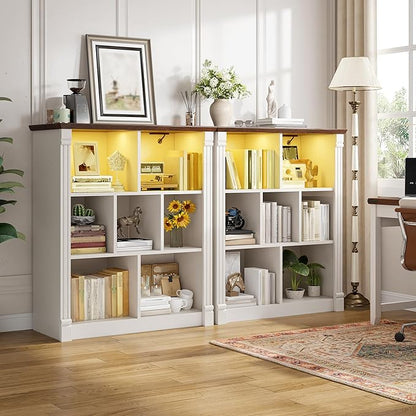 EnHomee 7 Cube Storage Organizer with LED Light and Charging Station Wood Cube Shelf White Bookshelf for Bedroom Living Room,Office,White