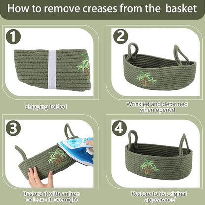 Vesici Coconut Palm Tree Woven Storage Basket for Toilet Tank Top Tropical Beachy Cotton Rope Bathroom Countertop Organizer Basket with Handle Summer Green Bathroom Decor for Bedroom, 13 x 6 x 4 Inch