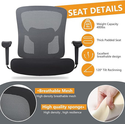 BestOffice Big & Tall Office Chair, 400 lb Capacity Mesh Desk Seating with Lumbar Support, Wide Seat, Adjustable Arms, Rolling Swivel High-Back Ergonomic Executive Task Model for Home Office, Grey