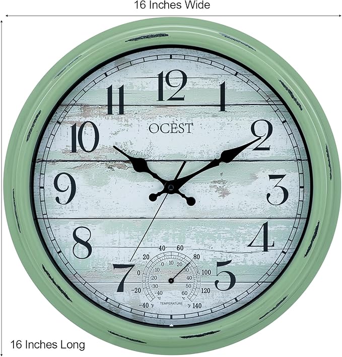 OCEST 16 Inch Indoor Outdoor Clock, Waterproof Large Wall Clock with Thermometer, Silent Non-Ticking Battery Operated Decor for Patio Pool Porch Garden Garage（Retro Green）