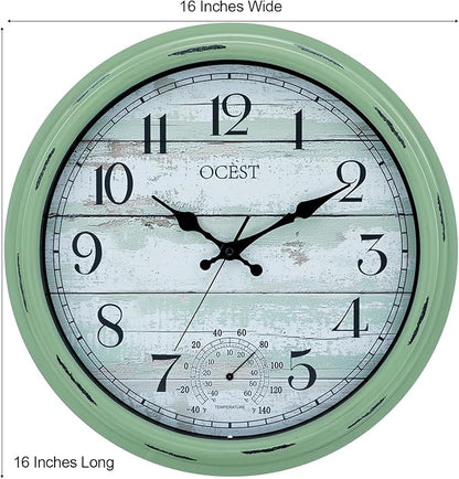 OCEST 16 Inch Indoor Outdoor Clock, Waterproof Large Wall Clock with Thermometer, Silent Non-Ticking Battery Operated Decor for Patio Pool Porch Garden Garage（Retro Green）