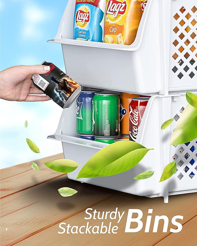 Skywin Stackable Storage Bins Open Front for Pantry Storage, 4 Pack - White | Sturdy Plastic, Easy Stacking, Open Front Access, Ventilated Sides, Vertical & Space Saving Pantry Organizers and Storage Bin