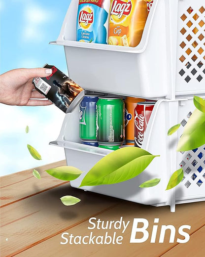 Skywin Stackable Storage Bins Open Front for Pantry Storage, 4 Pack - White | Sturdy Plastic, Easy Stacking, Open Front Access, Ventilated Sides, Vertical & Space Saving Pantry Organizers and Storage Bin