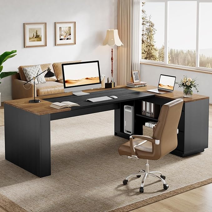 Tribesigns 78" L Shaped Executive Desk with Drawers, Large Office Computer Desk with Cabinet and Storage Shelves, Modern Business Furniture Sets Workstation for Home Office (Brown/Black)