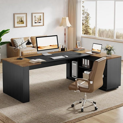 Tribesigns 78" L Shaped Executive Desk with Drawers, Large Office Computer Desk with Cabinet and Storage Shelves, Modern Business Furniture Sets Workstation for Home Office (Brown/Black)