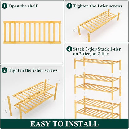 Smiry Bamboo Shoe Rack, 5 Tier Free Standing Wooden Shoe Organizer, Stackable Wood Shoe Storage Shelf for Closet, Entryway, 12 Vertical Slats, 2+2+1 Stack Standard Legs, 26.8"x11"x32.5", Natural