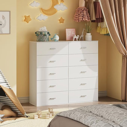 WLIVE Tall Dresser for Bedroom, Wood Chest of Drawers with Mental Handles, White Bedroom Dresser with 5 Drawers, Modern Minimalist Closet Store Organizer for Living Room, Hallway