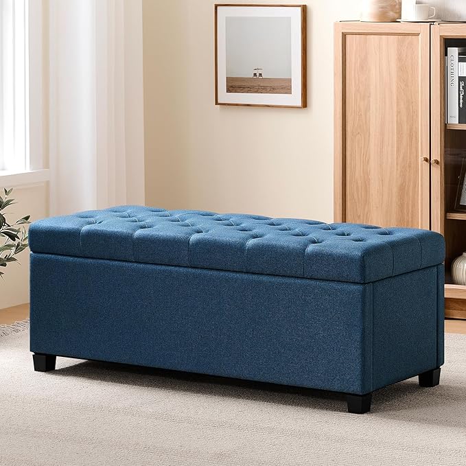 47.2" Ottoman with Storage, Storage Ottoman Bench with Safety Hinge,Tufted End of Bed Bench, Upholstered Entryway Bench for Bedroom, Living Room & Window (Blue-Upgraded Version)