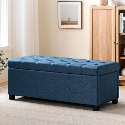 47.2" Ottoman with Storage, Storage Ottoman Bench with Safety Hinge,Tufted End of Bed Bench, Upholstered Entryway Bench for Bedroom, Living Room & Window (Blue-Upgraded Version)