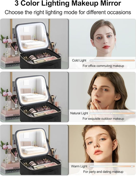 Chomeiu Makeup Bag with LED Mirror, Travel Makeup Case for Women and Makeup Artists Cosmetic Organizer Large Make Up Bags with Light Up Mirror, 3 Color Lights with Separate Brush Holder