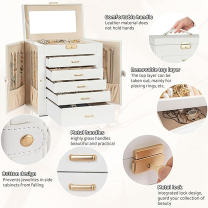 AKOZLIN Large 6-Tier Jewelry Box Lockable Leather Jewelry Storage Case with 5 Drawers for Women Girls Ring Necklace Earring Bracelet Holder Organizer with Mirror