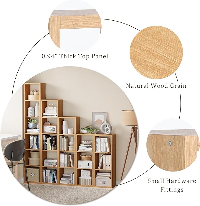 Cube Storage Organizer Bookcase, Small 4 Tier 11 inch Open Back Cubical Shelf with Thickened Border, Display Bookshelf for Living Room, Home Office, Sturdy Room (Natural Oak, 4 Cube,Vertical)
