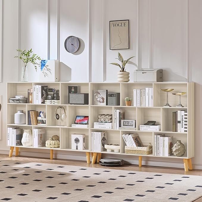 LEYAOYAO 10 Cube Bookshelf, 3 Tier Vintage 55" Wide Bookcase with Legs, Mid-Century Bookshelves Storage, Light Grey White Large Book Case, Freestanding Organizer Display Shelf for Living Room, Office
