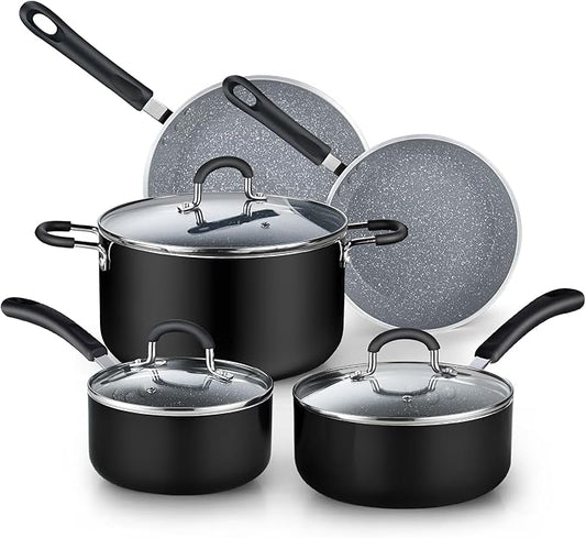 Cook N Home 8-Piece Nonstick Pot and Pan Set with Lid Induction Compatible | Cookware Set Includes Saucepan with Lid, Stockpot with Lid, Frying Pans, Black/Marble Cooking ware Non Stick