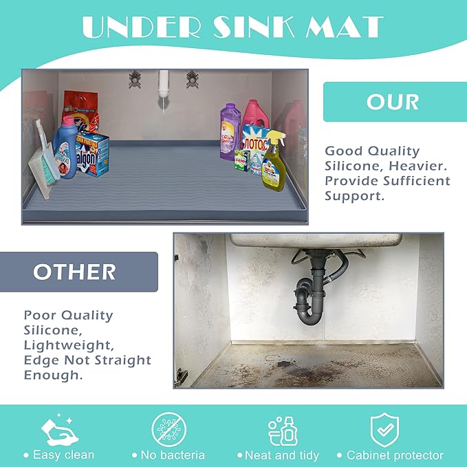 URMONA Waterproof Silicone Under Sink Mat 25'' x 19'' Shelf Liner for Kitchen and Bathroom, Cabinet and Counter Protector, Storage and Organizers, Litter Mat, Pet Cat Puppy Essentials(Beige)