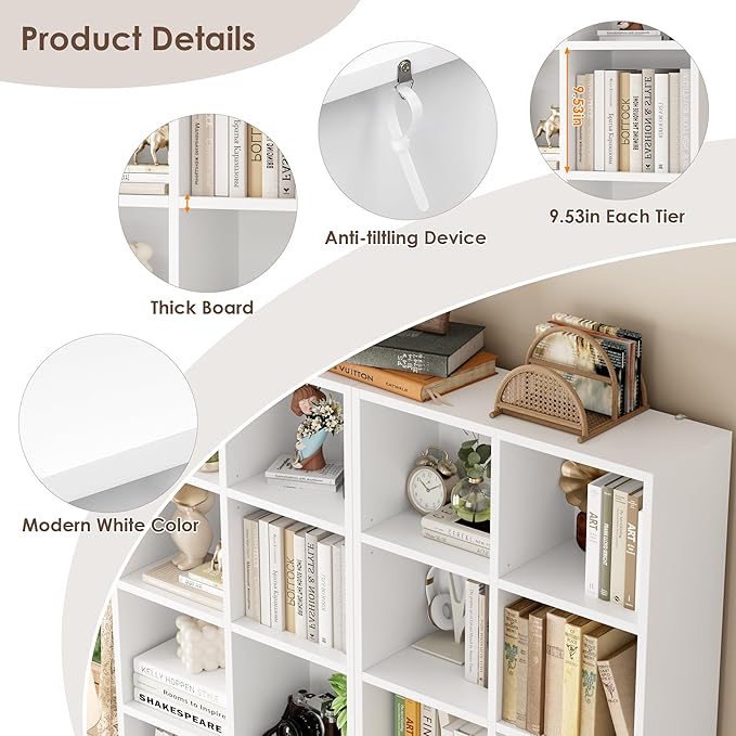 FOTOSOK 71'' Tall Bookshelf with 14 Cubes, 7 Tier Double Wide White Bookshelf with 6 Adjustable Shelves, 19.6" Narrow Bookcase DVD/CD Media Storage, Space Saving Display Shelf Cabinet, White