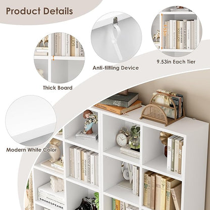 FOTOSOK 71'' Tall Bookshelf with 14 Cubes, 7 Tier Double Wide White Bookshelf with 6 Adjustable Shelves, 19.6" Narrow Bookcase DVD/CD Media Storage, Space Saving Display Shelf Cabinet, White