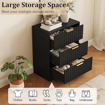 Fluted 3 Drawer Dresser for Bedroom, 30" Tall Modern Wood Dressers Chest of Drawers with Metal Handle, Large Nightstand End Table for Living Room, Closet, Entryway, Black