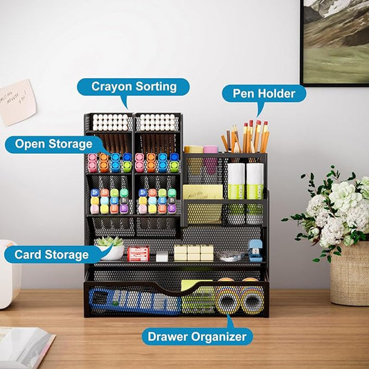 Marbrasse Mesh Pen Holder for Desk, Multi-Functional Pencil Organizer with Drawer, Desk Organizers and Accessories for Office Art Supplies (Black)