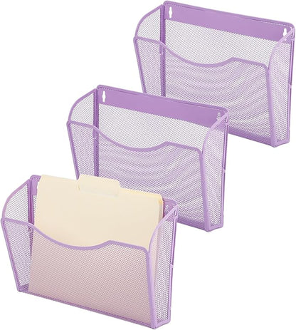 EASEPRES 3 Single Pocket Mesh Hanging File Organizer, Vertical Wall Mounted Magazine File Holder, Mount Basket Mail Paper Document Folder Organizing for Office, Home and School, Light Purple
