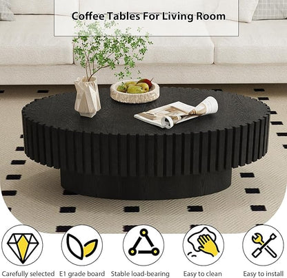 Oval Fluted Coffee Table Mid Century Modern Coffee Tables with Handcrafted Relief Ellipse Drum End Table Rustic Industrial Center Tables for Apartment Living Room (Black Oval)