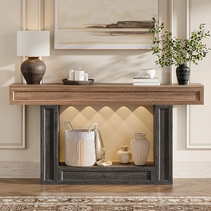 Rresyet 63" Console Table, 2-Tier Entryway Table with Sensor Lights, Coffee Table Behind The Sofa, with U-Shaped Base Suitable for Entryways, Living Rooms, Corridors, and Foyers(Wood)